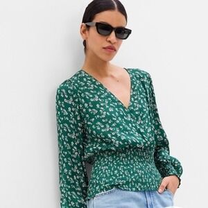 Gap long‎ sleeve satin wrap top green floral women's XL
